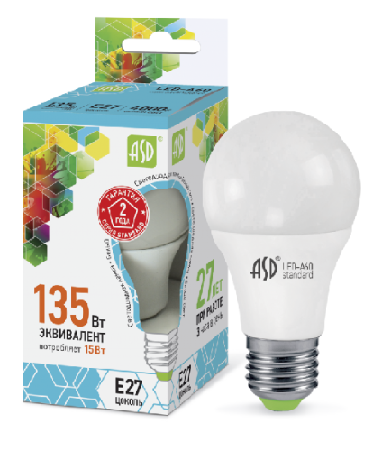 Лампа светодиодная ASD Standart A60 Груша E27 220В 15Вт 1350Лм 4000К 60х108мм фото Лампа светодиодная ASD Standart A60 Груша E27 220В 15Вт 1350Лм 4000К 60х108мм картинка